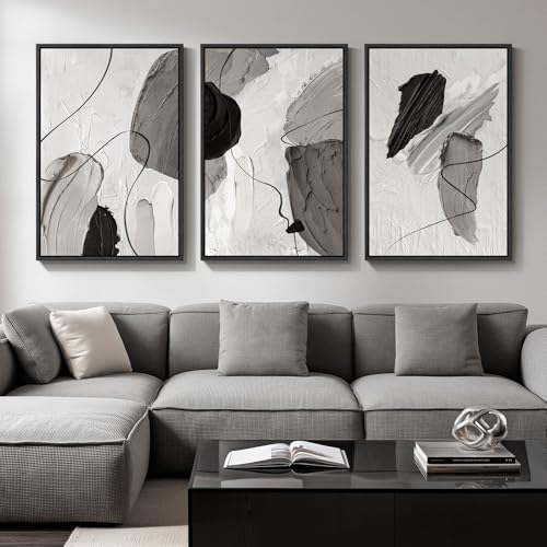 Large Framed Modern Abstract Wall Art for Living Room, 3 Piece Black White Gray Canvas Prints Paintings Artwork for Walls, Minimalist Abstract Pictures for Hallway, Stair, Office Wall Decor 24x36 In