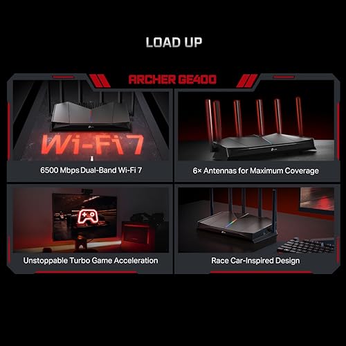 Image of TP-Link Archer GE400 BE6500 Dual-Band Wi-Fi 7 Gaming Router | 6.5 Gbps Speed | 2x 2.5G WAN LAN + 3x 1G LAN | USB 3.0 | 6 Antennas | RGB Gaming Panel | Compatible with Alexa & Google Assistant