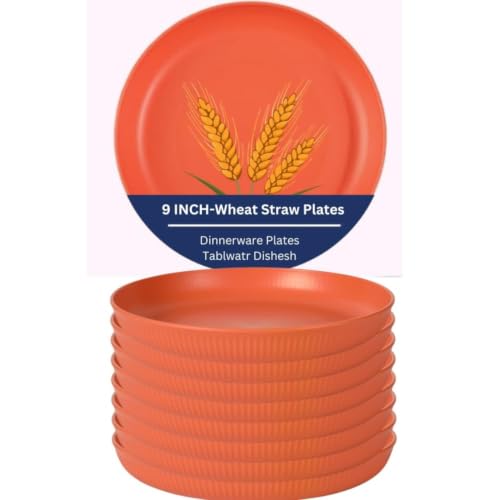 Image of Wheat Straw & Bamboo Fiber Plates Set, Lightweight Dinner Plates, Microwave and Dishwasher Safe, Plates Easy to Clean & Reusable (9 Inches, Blue, Set of 6) (8, Orange)