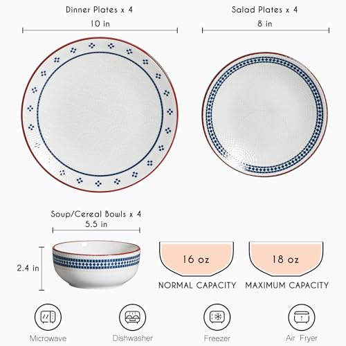 12-Piece Stoneware Dinnerware Set for 4, Geometric Vintage Plates & Bowls - image 5