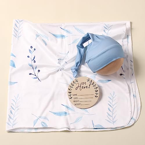 Image of Ylsteed Baby Swaddle Blanket and Headband Set, Newborn Receiving Blanket Swaddle Wrap for Girls and Boys, Swaddling Blankets Neutral for Newborn, Soft and Skin-Friendly 32 * 32 inches (Blue Leaves)