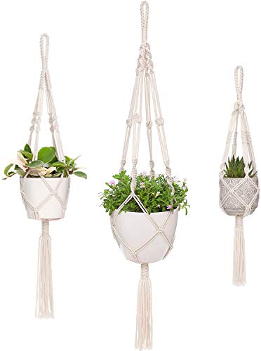 Image of ecofynd Cotton 3 Set Plant Hanger [Without Pot] | Rope Flower Pot Holder for Indoor Outdoor Balcony Garden Wall Com06 /Pack of 3, Ivory