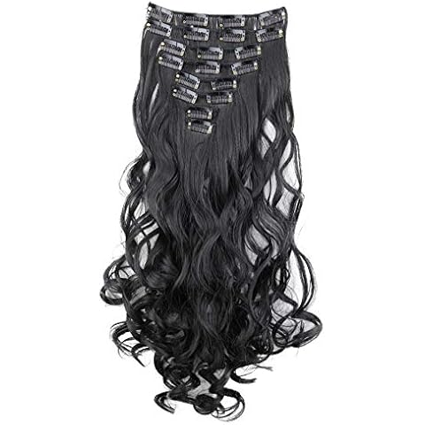 CAISHA by PRETTYSHOP XXL 8 Teiliges Set 45cm Langhaarige CLIP IN EXTENSIONS Synthetik Haarverlängerung Haarteil Voluminös Gelockt Schwarz CES1-1 Cover