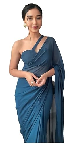 Global Fashion Womens Georgette Plain Ready To Wear One Minute saree Saree Solid sari With Unstitch Blouse Piece (AQUA BLUE)