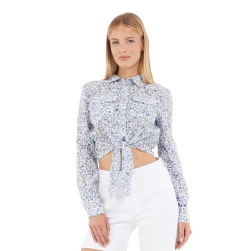 GUESS Womens Eco Long Sleeve Adelaide Bow Shirt, Petit Fleur Print, Extra Small