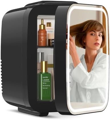Skincare Fridge with Dimmable LED Light Mirror, 4L/6Can Mini Frid...