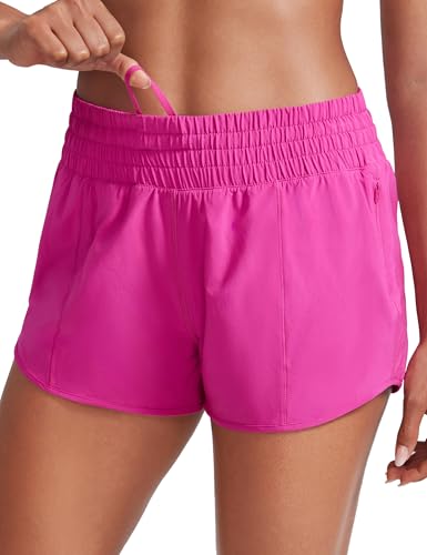 CRZ YOGA High Waisted Running Shorts for Women 2.5' - Mesh Liner Quick Dry for Workout Sport Athletic with Zipper Pocket Hibiscus Purple Small