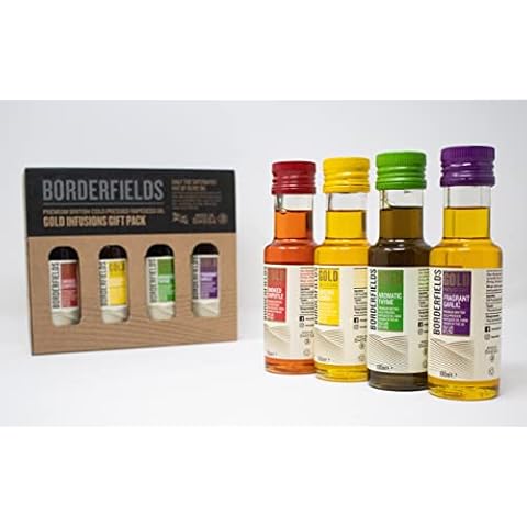 Borderfields Gold Infusion Cold Pressed Rapeseed Oil Gift Pack 4 x 100ml Sicilian Lemon, Fragrant Garlic, Smoked Chipotle & Aromatic Thyme Cover