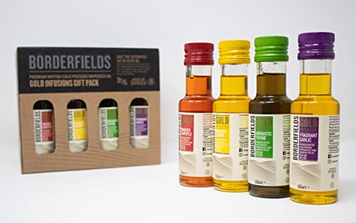 Borderfields Gold Infusion Gift Pack Premium British Cold Pressed Rapeseed Oil 1x Sicilian Lemon 1x Fragrant Garlic 1x Smoked Chipotle & 1x Aromatic Thyme 4 x 100ml Bottle Gift box