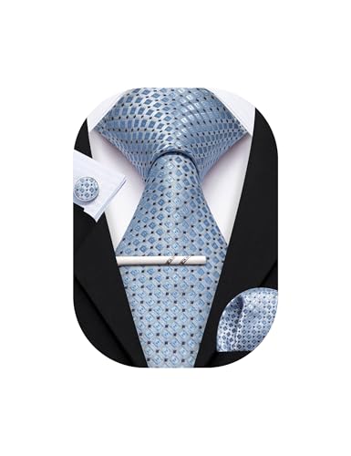 YOHOWA Dusty Blue Tie with Tie Clip for Men Plaid Silk Necktie Pocket Square Cufflinks Set Formal Business Festival Party