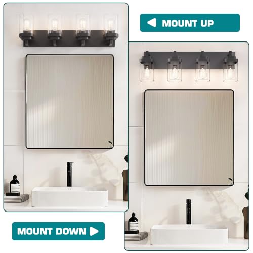 Image of Bathroom Vanity Light, Clear Glass Shade 4 Lights Morden Bathroom Lighting Fixtures Over Mirror, Black Bathroom Light Vanity Fixtures for Bathroom /Living Room /Bedroom
