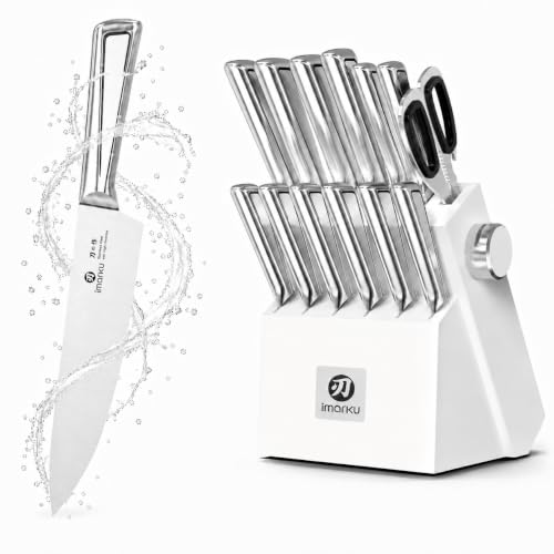Image of imarku 14-Piece Knife Set with Block, Pro power, home ease | Pro sharp high carbon steel. Self-sharpens easy. Ergo grip no fatigue. Safe non-slip home prep. Gift for homewarming