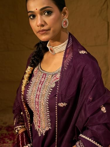 Image of INDO ERA Women's Embroidered Burgundy Silk Blend Straight Kurta & Pant with Dupatta Set (SHUTR6119)
