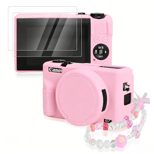 Seltureone Case for Canon PowerShot G7 X Mark III Camera with Cute Charm Wrist Strap and Screen Protector Built-in Lens Cap Silicone Case for Canon PowerShot G7X Mark III Accessories - Pink
