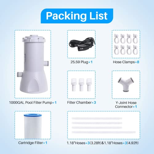 Poolpure Filter Pump For Above Ground Pools, Swimming Pool Filter Pump For Intex Pool/Bestway/Easy Set Pool/Metal Frame Pool, 1000 Gph Pump Flow Rate, 110-120V With Gfci #TOP4