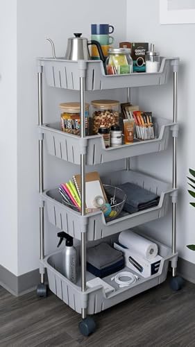 Image of JD FRESH 4-Tier Multi Storage Rack for Home & Kitchen /360-Degree Rotating Wheels with Breathable Kitchen Shelf Storage Rack /Plastic Rolling Cart for Kitchen, Bathroom, Office & Living Room (Grey)