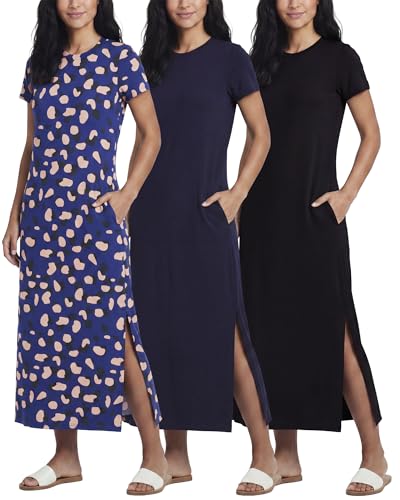 Image of Real Essentials 3 Pack Women's Casual Short Sleeve Maxi T-Shirt Dress with Slit (Available in Plus Size)