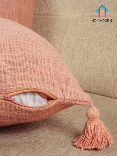 Image of HOMADORN Luxury Cotton Handmade Decorative Boho Throw Pillow Covers with Tassels for Sofa Couch Living Room Indoor Outdoor Chair Car Farmhouse (16X16 INCHES (Square), Peach (Pack of 2))