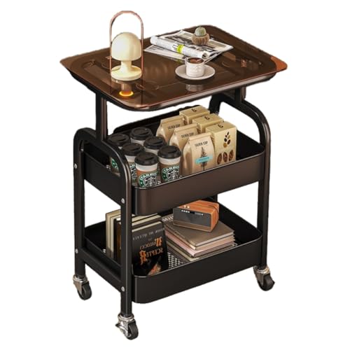haoyunjianjiak サイドテーブル サイドワゴン キャスター付き 360度の回転 ソファテーブル 物置棚 多機能収納カート 可動式テーブル 二層式 収納ラック ベッドルーム キッチン 書斎 リビングルーム (ミッドナイトブラック - 3層式 [ガ