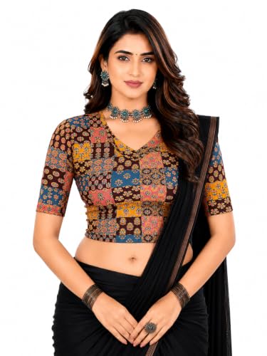 Image of Mogsa Women's Kalamkari Print Cotton Stretchable V-Neck Readymade Saree Blouse | Soft Cotton Blend | Stretch Fabric | Ready-to-Wear