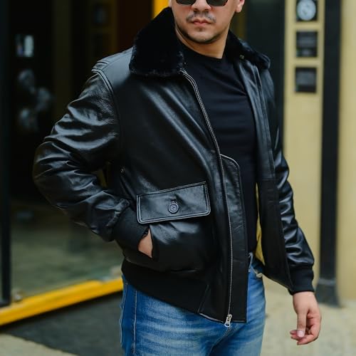 Jild Navy G-1 Real Leather Bomber Jacket Men with Removable Fur Collar - Vintage Flight Aviator Leather Jacket Men4