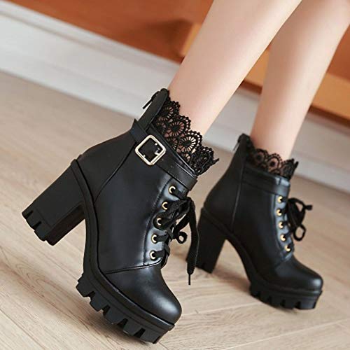 EIYEI Platform Boots for Women, Heeled Combat Boots Chunky Heel Booties Goth Round Toe Lace Up High Heel Ankle Boots Floral Lace Casual Buckle Short Booties for Bride Wedding Cosplay Party2