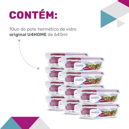 KIT 10 Potes de Vidro Retangular com Tampa Hermética 640ml Cor:Vermelho (QH)