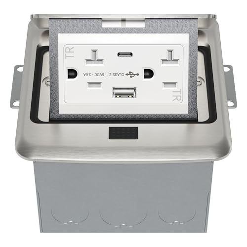 TG Soft Square Pop-Up Floor Box Kit, 20A Tamper-Resistant Receptacle Outlet, Outlet Cover Box, USB Port Type A Type C, 36AC, Watertight Gasket and Corrosive Resistant Hardware, Stainless Steel