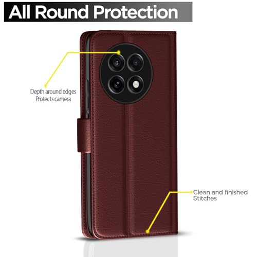 Image of Pikkme Flip Cover Leather Finish | Inside TPU with Card Pockets | Wallet Stand and Shock Proof | Complete Protection Button Flip Case for OnePlus 13R 5G(Brown)