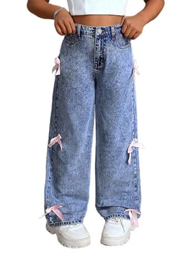 Girls Cute Bow Denim Jeans Button Waist Wide Leg Denim Pants Fall Casual Washed Jean Trouser Outerwear Clothes