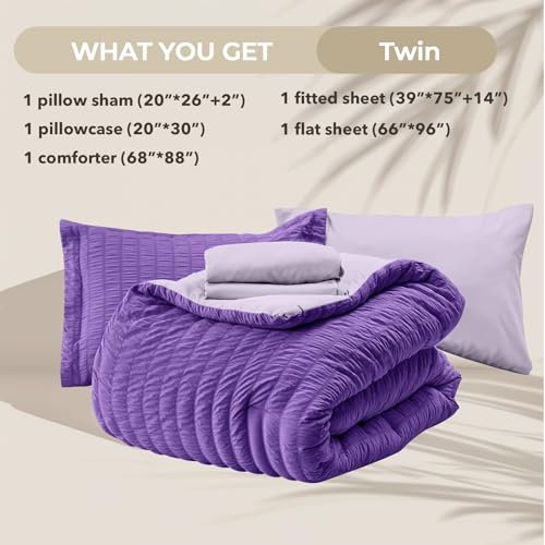 Image of HYMOKEGE Dark Purple /Lavender Twin Comforter Set Seersucker 5 Pieces, All Season Luxury Bed in a Bag for Bedroom, Bedding Set with Comforter, Sheets, Pillowcase & Sham