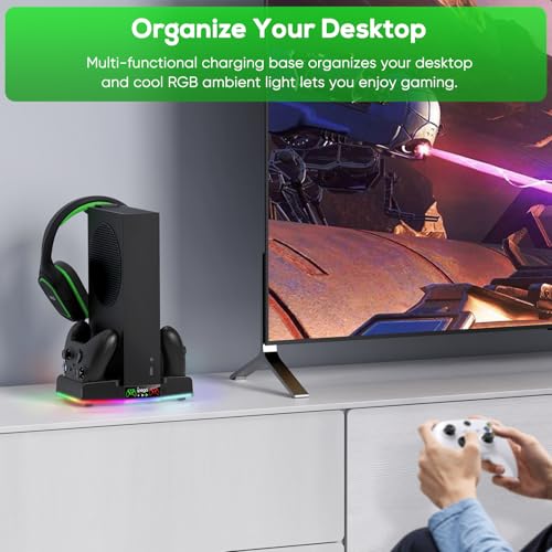 Image of FYOUNG Vertical Charger Stand & Cooling Station for Xbox Series S, Upgrade Controller Charging Dock with 15 RGB Light, Cooler Fan System, 2X 1400mAh Rechargeable Battery, Headset Holder (Black)