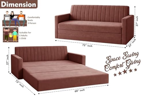 Image of Rosebell Foldable Three-Seater Sofa-Cum-Bed | 3-in-One Convertible Couch with Armrest | Modern Fabric Sofa for Living Room, & Office-Brown