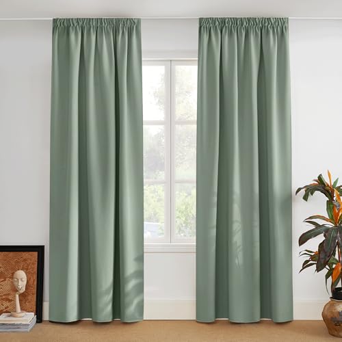 PONY DANCE Wohnzimmer & Schlafzimmer Gardinen mit Kräuselband 2er Set H 245 x B 140 cm Vorhang Salbeigrün Blickdicht Thermogardine Wärmeisolierend Verdunklungsvorhänge Schiene