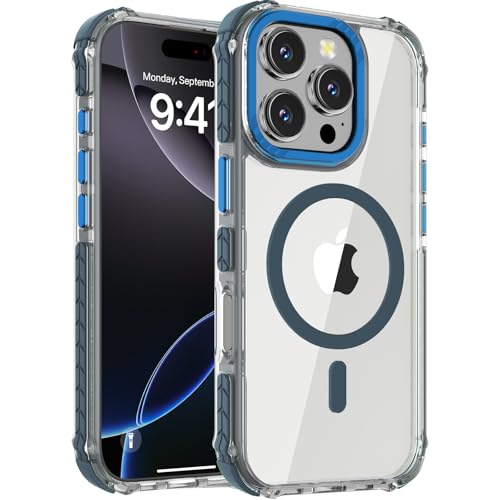 Coque iPhone 16 Pro Magsafe DEERLAMN transparente et bleue fine antichoc 6,3 pouces
