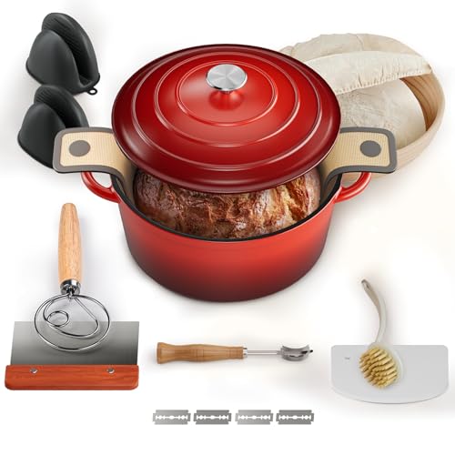 Image of Cast Iron Dutch Oven for Bread Baking, With Banneton Bread Proofing Basket & Sourdough Baking Supplies, 5QT Multi-Functional Enameled Dutch Oven Pot with Lid, Cast Iron Bread Pan, Red