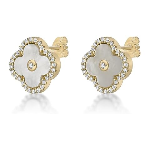 Lavari Jewelers Four Petal Halo Flower Stud Earrings for Women - Elegant Mother of Pearl & Cubic Zirconia in 925 Sterling Silver - Hypoallergenic Yellow Gold Plated - 11 MM Push Back Studs for Her Cover