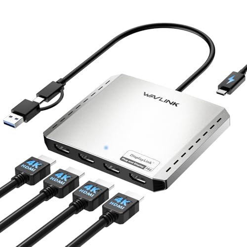 WAVLINK USB 3.0 or USB-C to Quad HDMI Splitter Extended Display for Four Monitor with 85W PD, Displaylink Adapter 4 HDMI 4K@60Hz for Mac M1-M5/Macbook Neo or Windows 10/11, Driver Required