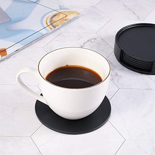 metagio 6 Packs PU Leather Coasters for Drinks with Holder, Round Drink Coasters Set PU Leather Cup Mats for Coffee Beer Tea Mug Wine Pub, Protecting Your Furniture from Scratch&Water Marks(Black)
