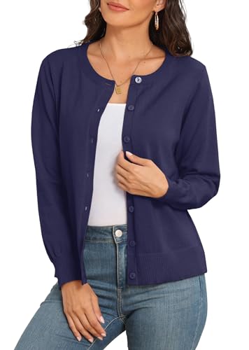 Women's Button Down Crewneck Cardigan, Navy Blue, XL