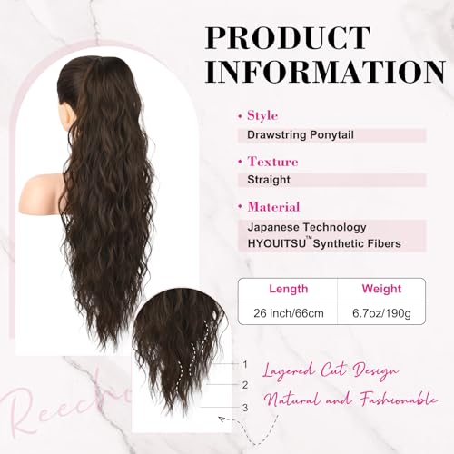 REECHO Ponytail Extension, 26" Long Beach Wave Drawstring Pony Hair Extension Synthetic Pony Tail Hairpiece for Women - Image 2