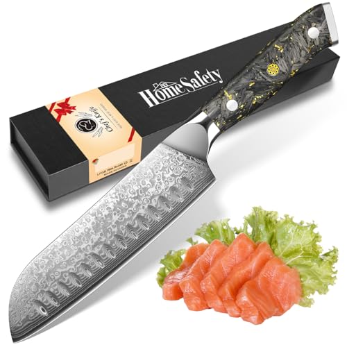 Home Safety Damascus Knife, Professional Santoku Knife I 17.8 cm Chef's Knifes I 67 Layers of VG-10 Damascus Steel I Kitchen Cooking Knifes with Ergonomic Handle for Home Restaurant, Gift Box