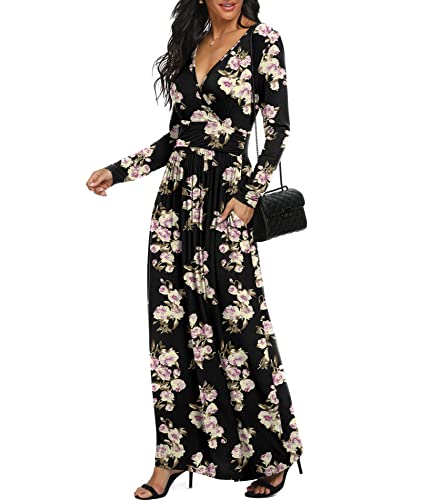 Image of LILBETTER Women Long Sleeve Deep V Neck Loose Plain Long Maxi Casual Dress