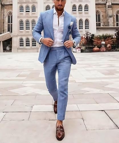 Linen Men Beach Wedding Groom Prom Suits 2 Piece Prom Blazer Pants Suit Set Slim Fit2