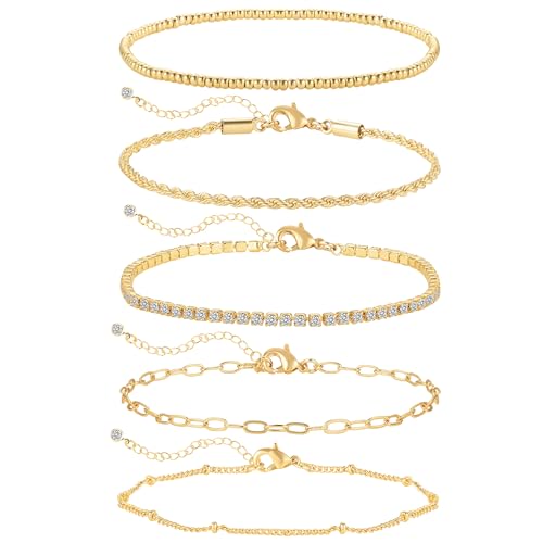 Gold Bracelets for Women, Dainty 14K Gold Plated Bracelet Stack Tennis Thin Bracelets, Trendy Stackable Bracelets, Golden Jewelry Set Link Bracelet Pack, Fashion Jewelry Pack for Women - Main Image