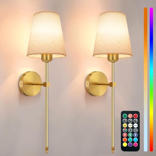Auzev Battery Operated Wall Sconces Set of 2, Cordless Wall Lights for Living Room, Rechargeable Sconce Wall Decor Bedroom Wall Lamps with Remote Dimmable Sconce Lights No Wiring, Linen Shade
