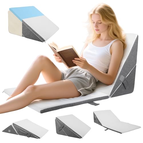 Bed Wedge Pillow, 12-in-1 Folding Memory Foam Triangle Orthopedic Pillow, Adjustable Support Incline Cushion for Sleep Apnea, Acid Reflux, GERD, Back Pain, Snoring, Leg Elevation with Washable Cover