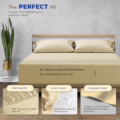 Image of THREAD SPREAD California King Bed Sheets, Luxury 1000 Series Paradise Collection 100% Egyptian Cotton Cal King Sheets Set (6 PC, Sand), Soft, Cooling, Sateen, 16 inch Deep Pocket Hotel Sheet Set
