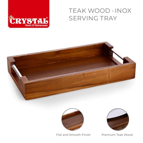 Image of Crystal Teak Wood INOX Rectangular Serving Tray | for Home, Kitchen, Restaurant, Office Organizer, Dining Table | Premium Wooden Trays | Small - 28 X 15 X 4.5 Cm | Handcrafted in India