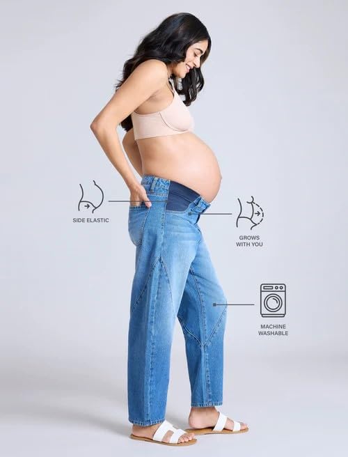 Motherhood Maternity Womens Under The Belly Elastic Waist Barrel Leg Denim Pregnancy Jeans - Image 6